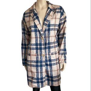 Plaid Pocketed Tan Navy Cardigan Jacket Sz M​​​​​​